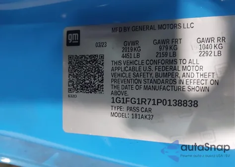 2023 Chevrolet Camaro Rwd 2Ss z USA, uszkodzony, nr VIN 1G1FG1R71P0138838